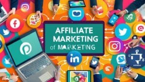 A lively collage showcasing a laptop, smartphone, and social media icons connected by arrows, depicting the interconnected world of affiliate marketing tools and strategies.