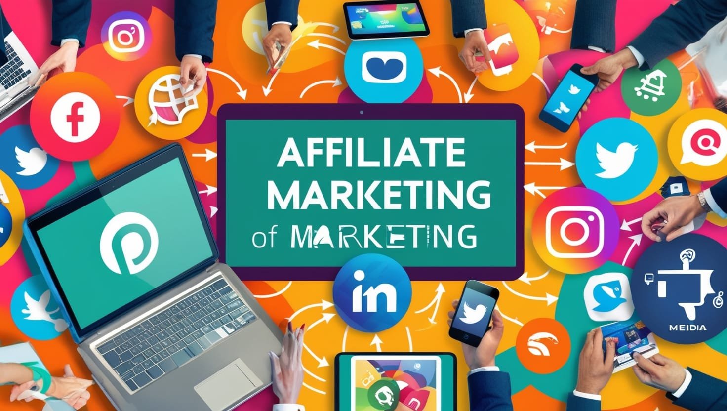 A lively collage showcasing a laptop, smartphone, and social media icons connected by arrows, depicting the interconnected world of affiliate marketing tools and strategies.