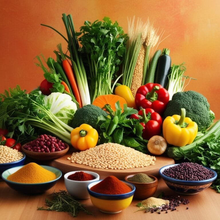 A bright kitchen filled with a variety of fresh vegetables, grains, and legumes on a wooden cutting board, surrounded by bowls of spices and herbs against a warm backdrop.