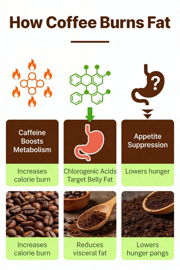 An educational infographic-style illustration showing how coffee burns fat: caffeine molecules boosting metabolism (shown as fire/flame icon), chlorogenic acids targeting belly fat (shown as arrow pointing to stomach area), and appetite suppression (shown as decreasing hunger icon). Clean white background with coffee brown and fresh green accent colors. Modern flat design style, scientific but accessible.