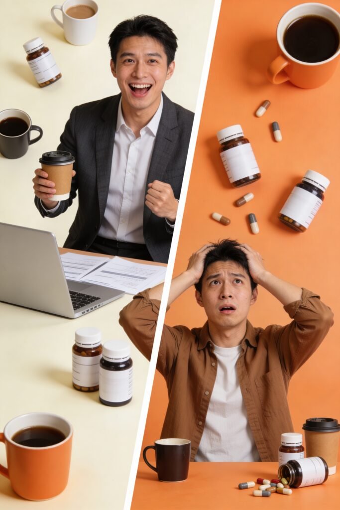 Two contrasting lifestyle scenes side by side. Left side: A busy professional with coffee, looking motivated and energetic (target audience). Right side: A person looking confused or holding their head (not for them). Clean modern design, split screen, coffee and supplement elements throughout. Warm, approachable aesthetic.