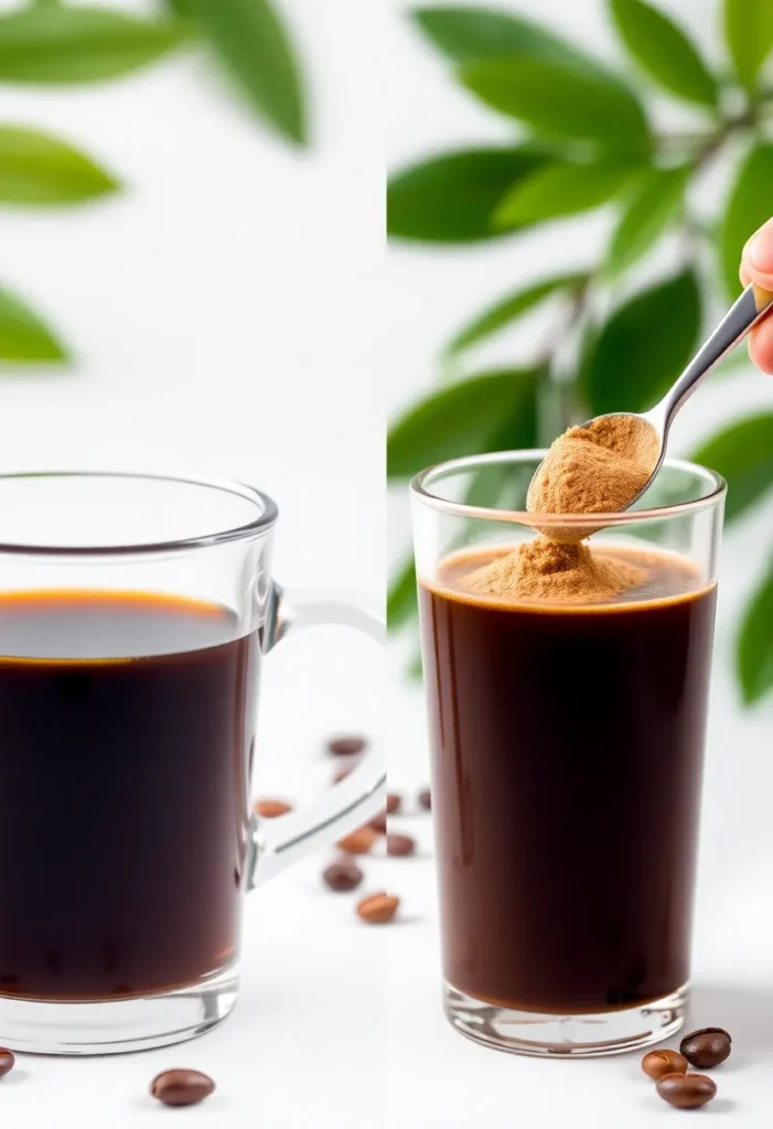 A split comparison shot: on the left, a regular cup of black coffee; on the right, the same coffee with Java Burn powder being stirred in. Show the fine powder dissolving. Clean white background with green coffee bean accents. Professional product photography, 45-degree angle, shallow depth of field.