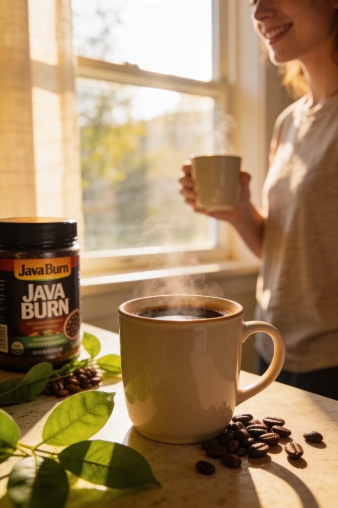 A satisfying morning scene: a person holding a steaming cup of coffee, looking refreshed and energized, standing by a window with morning light. The Java Burn jar is visible on the counter. Fresh green leaves and coffee beans as accents. Warm, inspiring atmosphere. Lifestyle photography, the person is slightly blurred (focus on coffee), natural morning light, showing the result of a good morning routine.