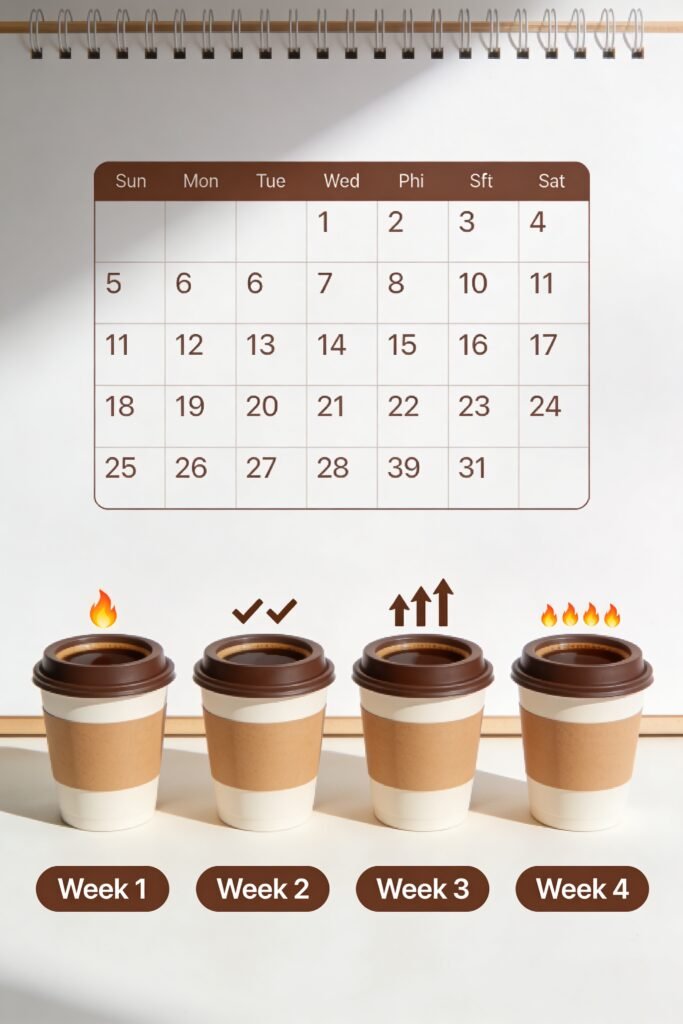 A week-by-week progress visual showing 4 coffee cups in a row, each with a small label "Week 1", "Week 2", "Week 3", "Week 4". Each cup has increasing amounts of energy/motivation visual elements like small flames, checkmarks, or upward arrows. Morning light theme throughout. Clean calendar-style layout. Modern minimalist design, white background with coffee brown accents.