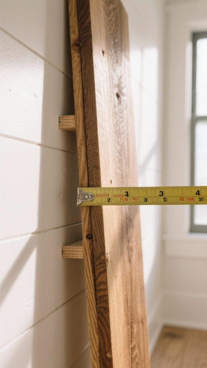 5 in, and a tape measure showing lengths under 4 ft. Natural daylight from a nearby window rakes across the surfaces to highlight textures; one board is sighted down its edge to show straightness. Warm, neutral palette with varied wood tones; no brackets yet, just the raw boards on a white shiplap backdrop.