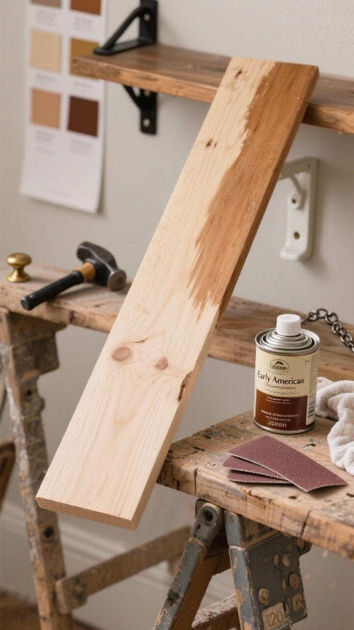 Detail closeup, angled: A single pine shelf plank on sawhorses being finished to look vintage—half the board sanded smooth with rounded corners, the other showing light distress marks from a chain and hammer then re-sanded. A can of pre-stain conditioner, stain in “Early American,” and matte polyurethane sit nearby with a lint-free cloth, plus 120-, 220-, and 320-grit sandpapers. Soft, indirect daylight highlights the wood grain; subtle warm tone on the stained section. In the background, sample color pairings are hinted: black bracket lying near the board, a small brass knob, and a white bracket for natural wood + white combo. No people, just hands-off tools and materials.