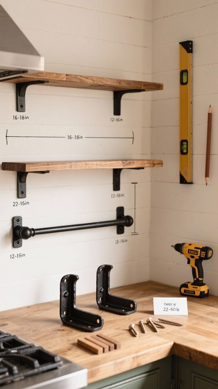 Medium shot, corner angle: A farmhouse kitchen wall featuring three hardware options arranged on a worktable beneath—black forged iron L-brackets, dark pipe brackets, and concealed floating shelf rods—each labeled. Above the table, pencil guidelines and a level rest on the wall at 16–18 inches above the counter with spacing marks 12–16 inches between two imaginary shelves. A stud finder and heavy-duty anchors are placed next to wood screws, with a note card reading 25–50 lbs per shelf. Overall palette: warm wood samples with bold black hardware; crisp, even lighting to emphasize straight, precise mounting.