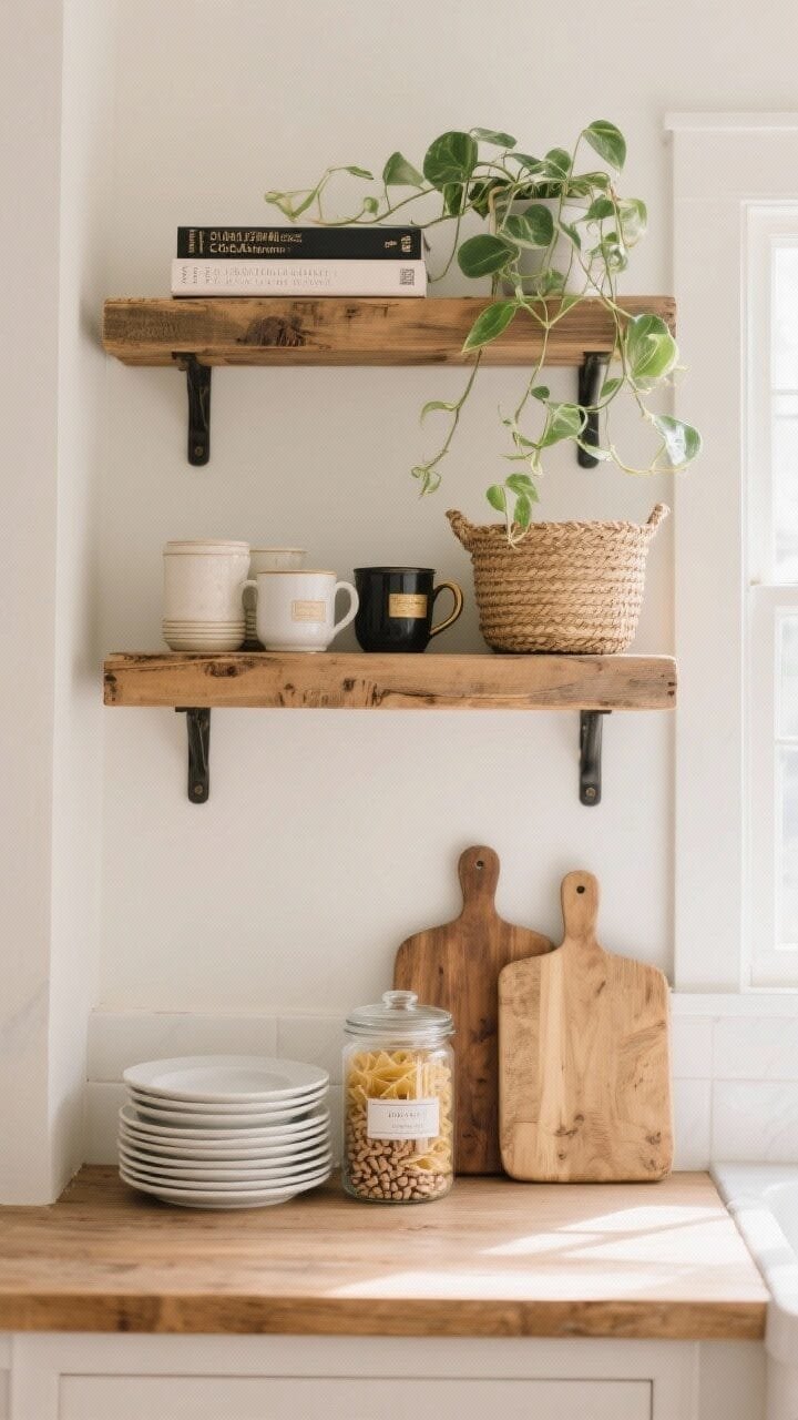 Wide shot, straight-on: Two installed rustic wood shelves over a farmhouse kitchen counter styled intentionally as a vibe, not storage. Top shelf: light and decorative with a trailing pothos, a pair of horizontal cookbooks topped by a small plant, and a woven basket; clear negative space left between groupings. Lower shelf: functional and pretty—stacks of white plates, glass jars of pasta and beans with minimalist labels, ceramic mugs, and a couple of wooden cutting boards leaning behind to add depth. Color palette tight: warm wood, whites/creams, touches of black or brass accents. Soft natural window light with gentle shadows; balanced composition following rule of thirds and mixed heights/textures.