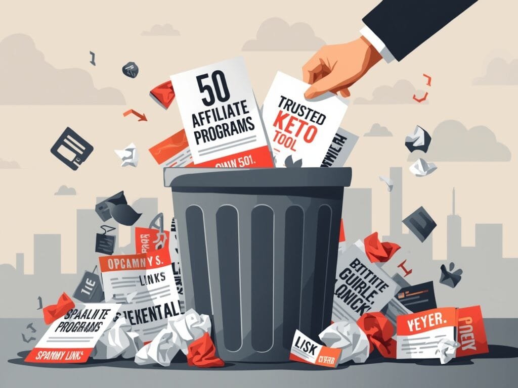A trash can overflowing with “Spammy Links”, “50 Affiliate Programs”, and “Get Rich Quick” flyers. A hand pulls out a single focused offer labeled “Trusted Keto Tool”.Aspect Ratio: 4:3 (Horizontal)Style: Symbolic conceptual art