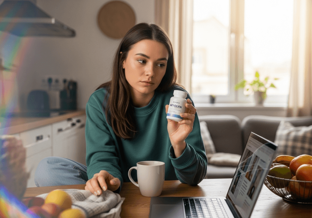 Ultra-realistic editorial photo, mid-shot of a young woman sitting at her kitchen table in soft morning light, staring thoughtfully at a small white bottle labeled “Mitolyn” in her hand. She looks slightly tired yet hopeful, wearing casual home clothes, a half-empty mug of coffee beside her, laptop open showing wellness articles in the background. The setting feels candid and natural—subtle clutter like a fruit bowl, a folded blanket, and sunlight filtering through a window. The photo captures a quiet, introspective moment of curiosity and self-care, as if she’s debating whether this supplement could help her energy. Shallow depth of field, natural daylight, slight lens flare across the edge of the frame, visible grain equivalent to ISO 1000 for a warm, authentic documentary feel.