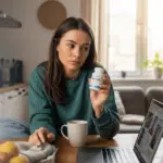 Ultra-realistic editorial photo, mid-shot of a young woman sitting at her kitchen table in soft morning light, staring thoughtfully at a small white bottle labeled “Mitolyn” in her hand. She looks slightly tired yet hopeful, wearing casual home clothes, a half-empty mug of coffee beside her, laptop open showing wellness articles in the background. The setting feels candid and natural—subtle clutter like a fruit bowl, a folded blanket, and sunlight filtering through a window. The photo captures a quiet, introspective moment of curiosity and self-care, as if she’s debating whether this supplement could help her energy. Shallow depth of field, natural daylight, slight lens flare across the edge of the frame, visible grain equivalent to ISO 1000 for a warm, authentic documentary feel.