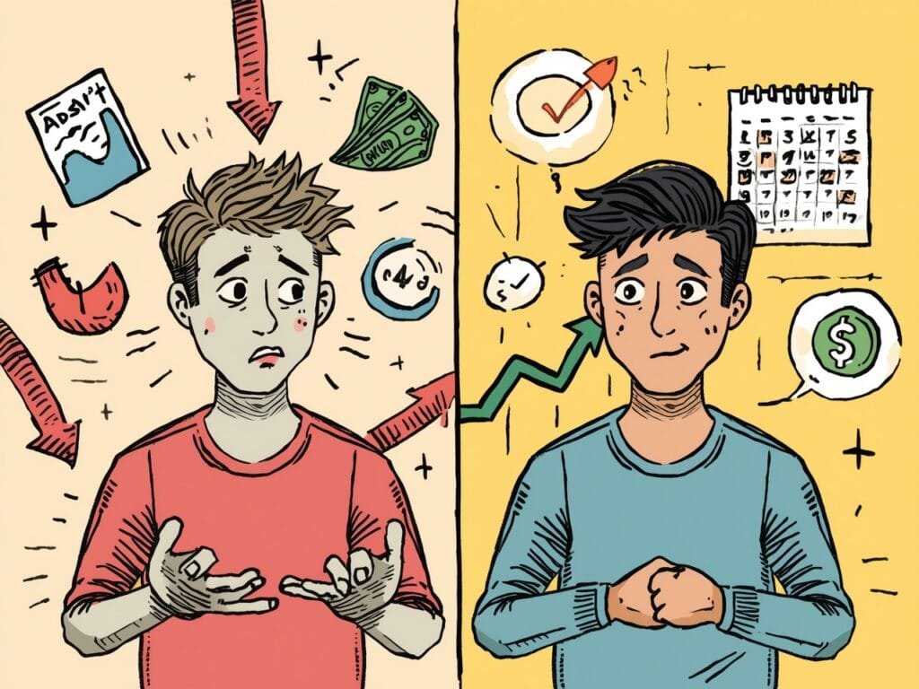 Side-by-side: one person frantically spending money on ads (red arrows, downward graph), another calmly building content with free tools (green upward graph, calendar with consistent posts). Visual metaphor for smart vs. wasteful effort.