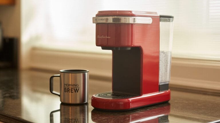 Compact Red Single Serve Coffee Machine – 6 Cup Sizes, Fits Travel Mugs