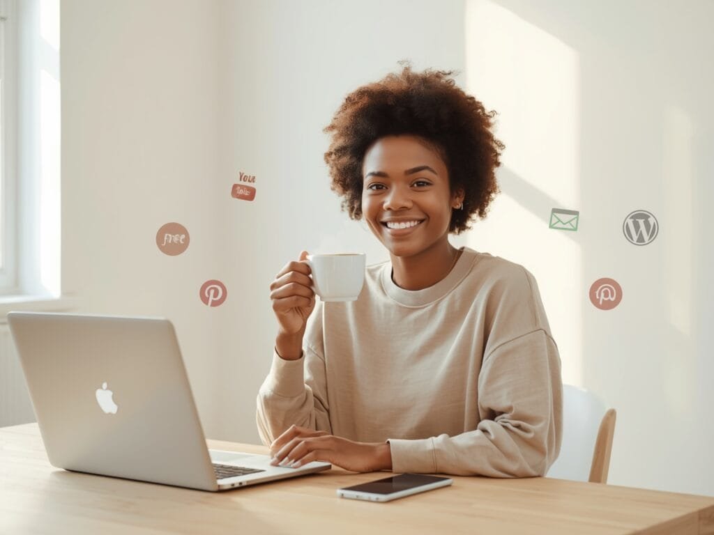 A young, diverse person sitting at a tidy home desk with just a laptop and smartphone, surrounded by subtle floating icons representing free tools: TikTok, YouTube, Pinterest, WordPress, and MailerLite. They smile confidently, holding a cup of coffee, with a warm golden-hour light streaming in through a window. No clutter, minimal aesthetic, conveying possibility and simplicity.