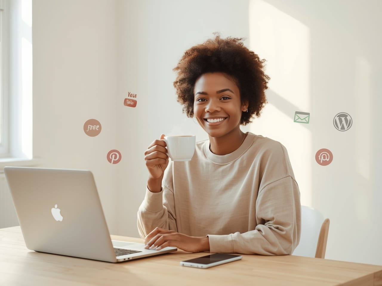 A young, diverse person sitting at a tidy home desk with just a laptop and smartphone, surrounded by subtle floating icons representing free tools: TikTok, YouTube, Pinterest, WordPress, and MailerLite. They smile confidently, holding a cup of coffee, with a warm golden-hour light streaming in through a window. No clutter, minimal aesthetic, conveying possibility and simplicity.