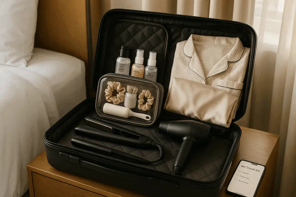 A neatly organized, open suitcase on a hotel room nightstand, with a minimalist travel hair styling kit centered inside: a compact ceramic flat iron, mini blow dryer with foldable handle, small silicone bottles of serum and dry shampoo, silk scrunchies, and a lint roller resting atop a clear zip-top toiletry bag. A pair of folded pajamas and a silk pillowcase are visible in the background. Soft morning light streams through a window