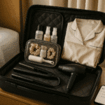 A neatly organized, open suitcase on a hotel room nightstand, with a minimalist travel hair styling kit centered inside: a compact ceramic flat iron, mini blow dryer with foldable handle, small silicone bottles of serum and dry shampoo, silk scrunchies, and a lint roller resting atop a clear zip-top toiletry bag. A pair of folded pajamas and a silk pillowcase are visible in the background. Soft morning light streams through a window
