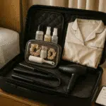 A neatly organized, open suitcase on a hotel room nightstand, with a minimalist travel hair styling kit centered inside: a compact ceramic flat iron, mini blow dryer with foldable handle, small silicone bottles of serum and dry shampoo, silk scrunchies, and a lint roller resting atop a clear zip-top toiletry bag. A pair of folded pajamas and a silk pillowcase are visible in the background. Soft morning light streams through a window