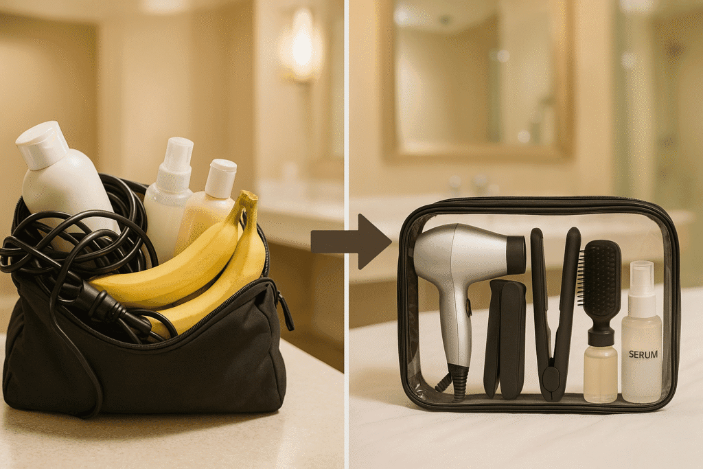 A side-by-side comparison: Left side shows a bulky, overflowing toiletry bag with full-size bottles, a giant blow dryer, and tangled cords. Right side shows a single clear pouch with 5 compact, sleek tools: mini dryer, flat iron, brush, serum, and scrunchie. Background: blurred hotel bathroom.