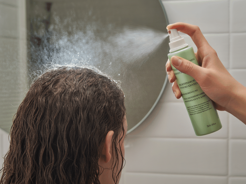 A hand spritzing a lightweight serum on hair under a humid bathroom mirror, with condensation on the glass.