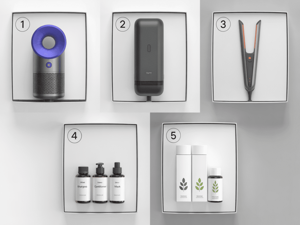 Five small, identical white boxes arranged like product reviews. Each contains one tool:Box 1: Sleek, cylindrical device with airflow (Dyson-style).Box 2: Simple black mini dryer with two settings.Box 3: Thin ceramic flat iron with auto-shutoff indicator.Box 4: Three small bottles labeled “Shampoo,” “Conditioner,” “Mask.”Box 5: Three small bottles with herbal leaf icon.Lighting is soft and product-focused.
