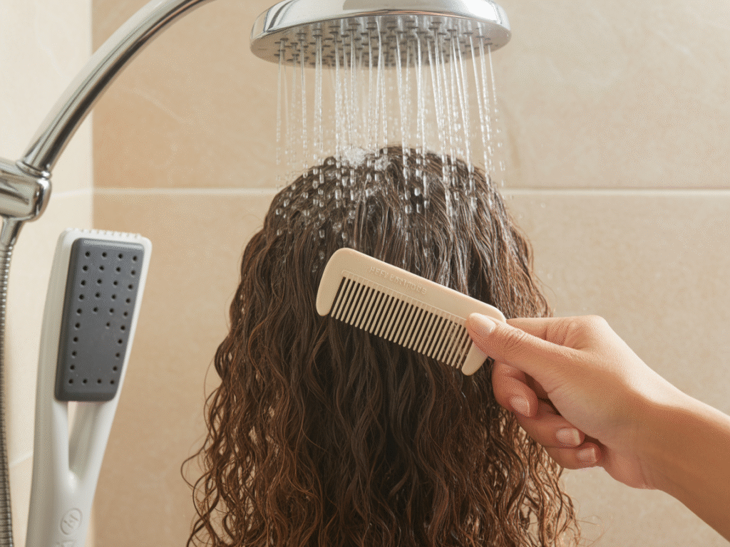 A hand gently running a wide-tooth comb through wet, curly hair under a hotel shower, while a flat iron sits unused on the counter.