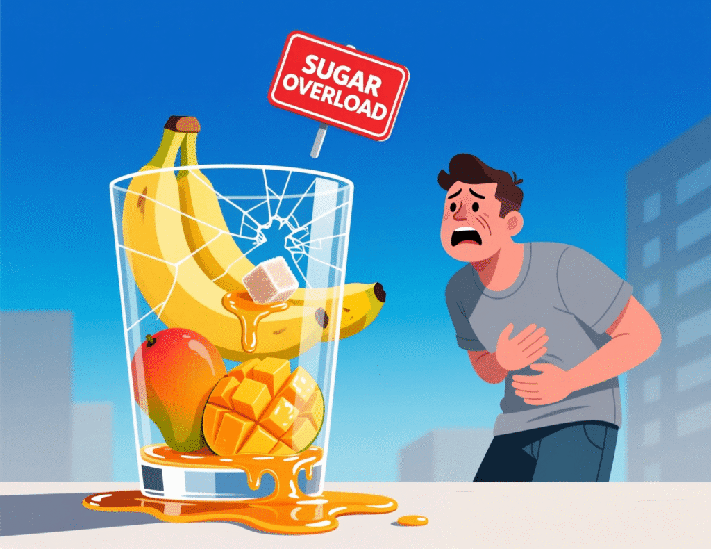 A smoothie glass with a cracked surface, leaking a sugary syrup instead of liquid. Inside the glass: four bananas, a mango, and a sugar cube. Outside: a person holding their stomach, looking uneasy. A small red warning sign floats above.