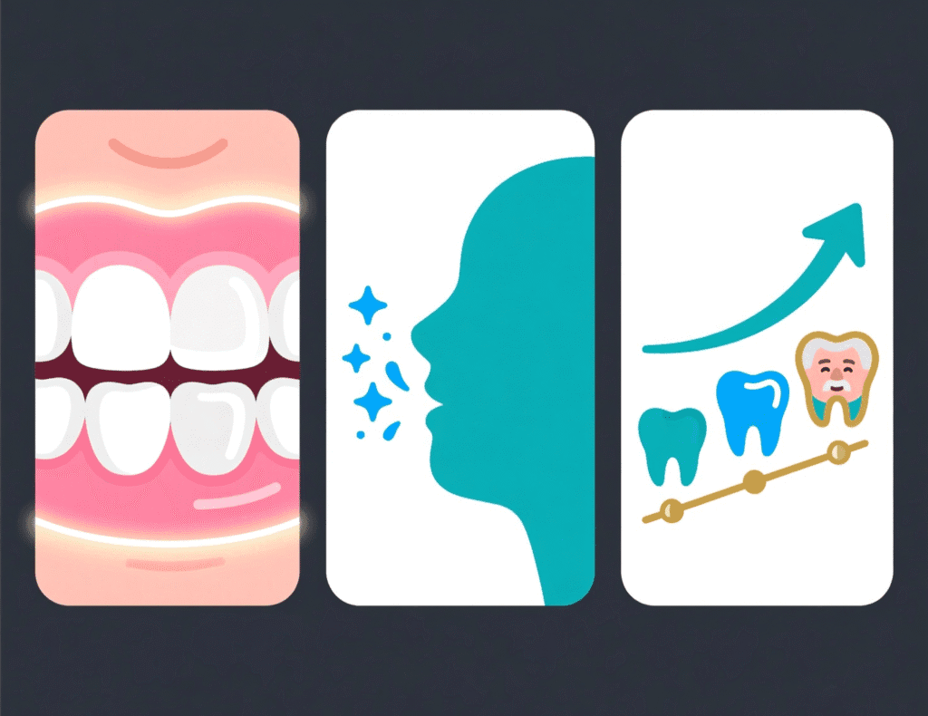 Three panels side by side in one image. Left panel: close up of healthy pink gums and clean white teeth, soft glow around the gum line. Middle panel: a subtle outline of a face exhaling, with small blue sparkle icons around the mouth to represent fresh breath. Right panel: a timeline style row of three tooth icons, from early adulthood to older age, all looking healthy and strong, with a gentle upward curve arrow above them to suggest long term support