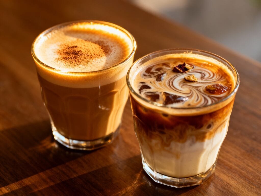 Show two drinks side by side. One is coffee with powder glowing gently. The other is a separate mixed drink that looks more complicated.