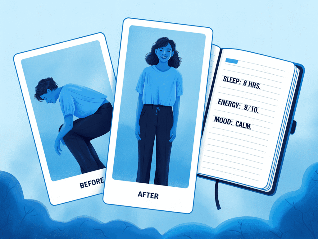 Three photo frames floating in air:Frame 1: Before – slumped person in oversized clothes.Frame 2: After – same person standing tall in fitted clothes, smiling.Frame 3: A journal open to a page: “Sleep: 8 hrs,” “Energy: 9/10,” “Mood: calm.”Background: soft blue haze.
