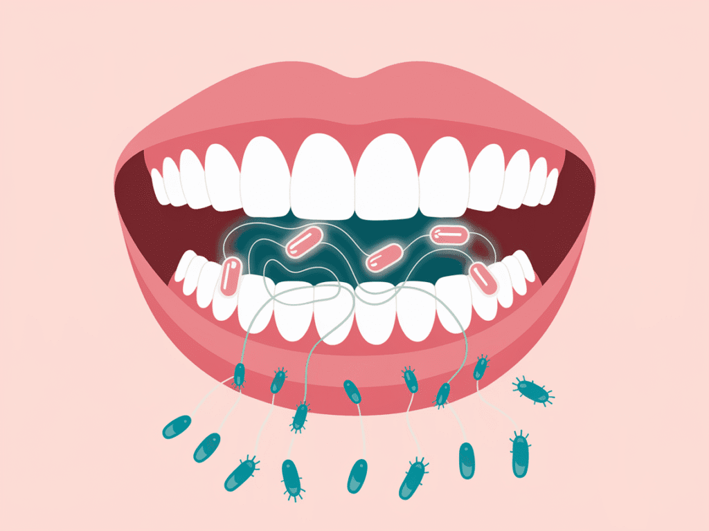 A clean medical style illustration showing a semi transparent human lower face and open mouth, with healthy pink gums and white teeth. Inside the image, glowing capsules travel along a subtle digestive outline and connect to the gums with thin curved energy lines, symbolizing internal support for oral health. Small friendly blue and green bacteria icons are balanced around the teeth to show a healthy oral microbiome, no gore, no realistic blood.