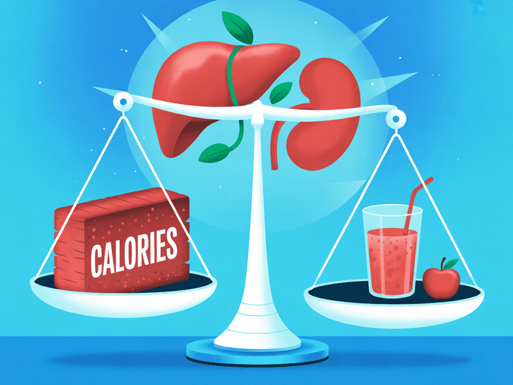 A pair of scales: one side holds a heavy brick labeled “Calories,” the other holds a single smoothie glass and a small apple. The smoothie side is slightly lower, showing a deficit. Behind it, a liver icon and kidney icon glow gently, with tiny green leaves flowing into them.