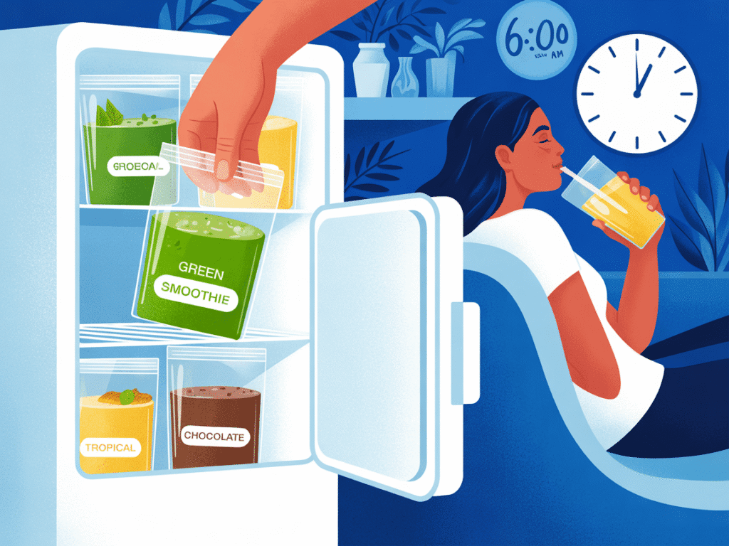 A freezer with labeled bags: “Green Smoothie,” “Tropical,” “Chocolate.” A hand pulls one out. In the background: a person sipping a smoothie, relaxed, with a clock showing “6:00 AM.”