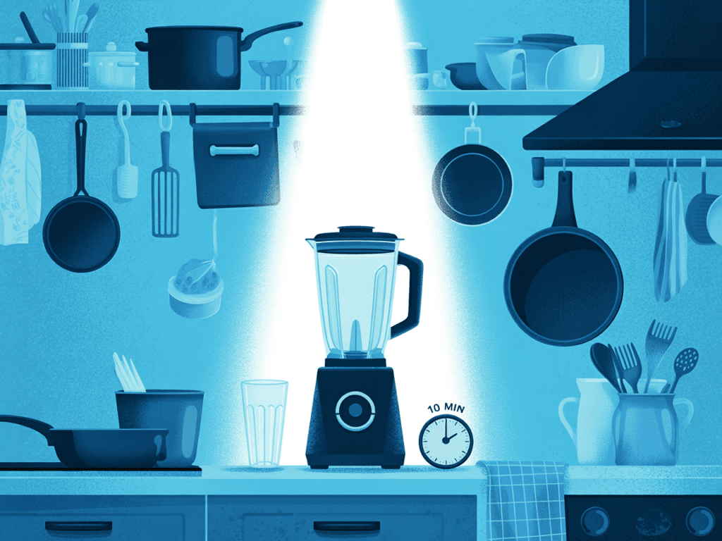 A cluttered kitchen with pots, pans, and a messy counter. A person picks up a blender, presses a button, and a beam of light erases the chaos, replacing it with one clean glass and a simple shopping list. A tiny “10 min” clock appears beside the blender.