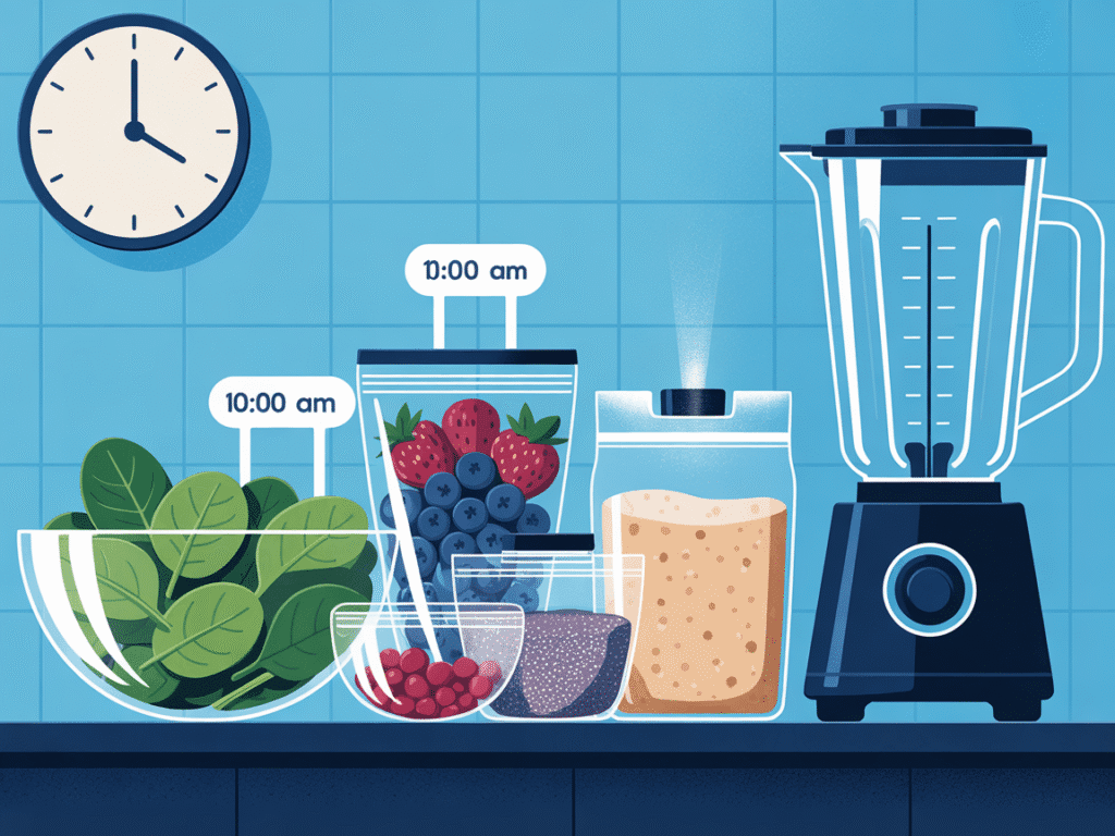 A Sunday kitchen: prep bowls filled with pre-washed spinach, sliced berries, chia seeds, and protein powder, all neatly bagged and labeled. A blender sits ready. A clock shows 10:00 AM. One bag glows slightly.