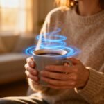 A person holding a warm coffee cup with swirling blue energy rings around it to show a gentle metabolism boost, calm early morning setting, simple everyday scene that feels healthy and productive