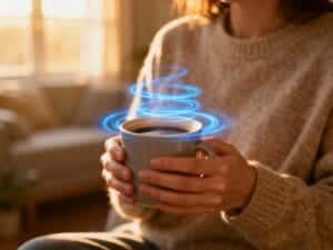 A person holding a warm coffee cup with swirling blue energy rings around it to show a gentle metabolism boost, calm early morning setting, simple everyday scene that feels healthy and productive
