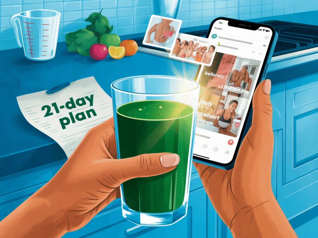 A close-up of two hands holding a clear glass of deep green smoothie, one hand holding a smartphone displaying a social media feed with “before/after” photos floating beside it. In the background, a kitchen counter shows scattered fruits, a measuring cup, and a crumpled “21-Day Plan” paper. A single sunbeam illuminates the glass. Mood: hopeful yet skeptical. Aspect Ratio: 4:3 (Horizontal), Style: A modern editorial vector illustration with a vivid blue color palette and cool-toned shades.