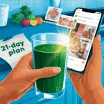 A close-up of two hands holding a clear glass of deep green smoothie, one hand holding a smartphone displaying a social media feed with “before/after” photos floating beside it. In the background, a kitchen counter shows scattered fruits, a measuring cup, and a crumpled “21-Day Plan” paper. A single sunbeam illuminates the glass. Mood: hopeful yet skeptical. Aspect Ratio: 4:3 (Horizontal), Style: A modern editorial vector illustration with a vivid blue color palette and cool-toned shades.