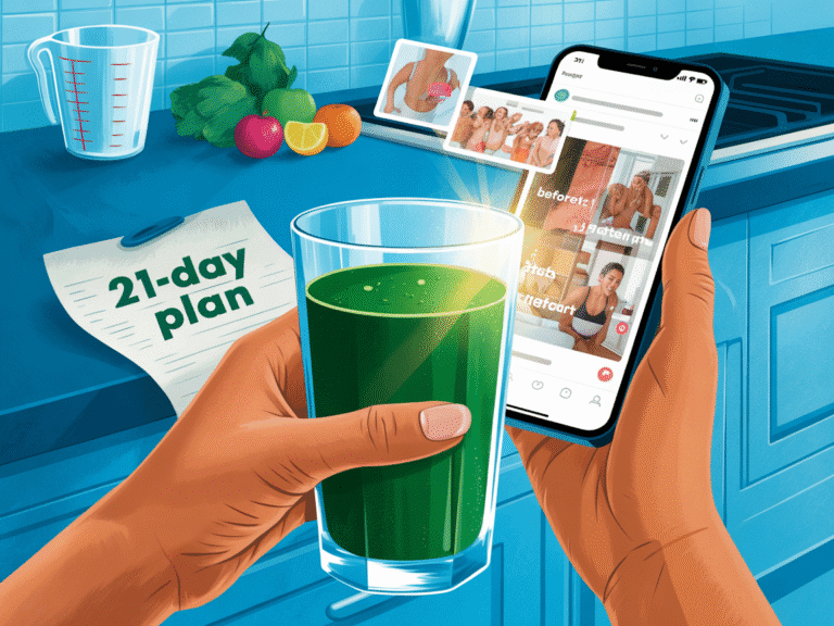 A close-up of two hands holding a clear glass of deep green smoothie, one hand holding a smartphone displaying a social media feed with “before/after” photos floating beside it. In the background, a kitchen counter shows scattered fruits, a measuring cup, and a crumpled “21-Day Plan” paper. A single sunbeam illuminates the glass. Mood: hopeful yet skeptical. Aspect Ratio: 4:3 (Horizontal), Style: A modern editorial vector illustration with a vivid blue color palette and cool-toned shades.