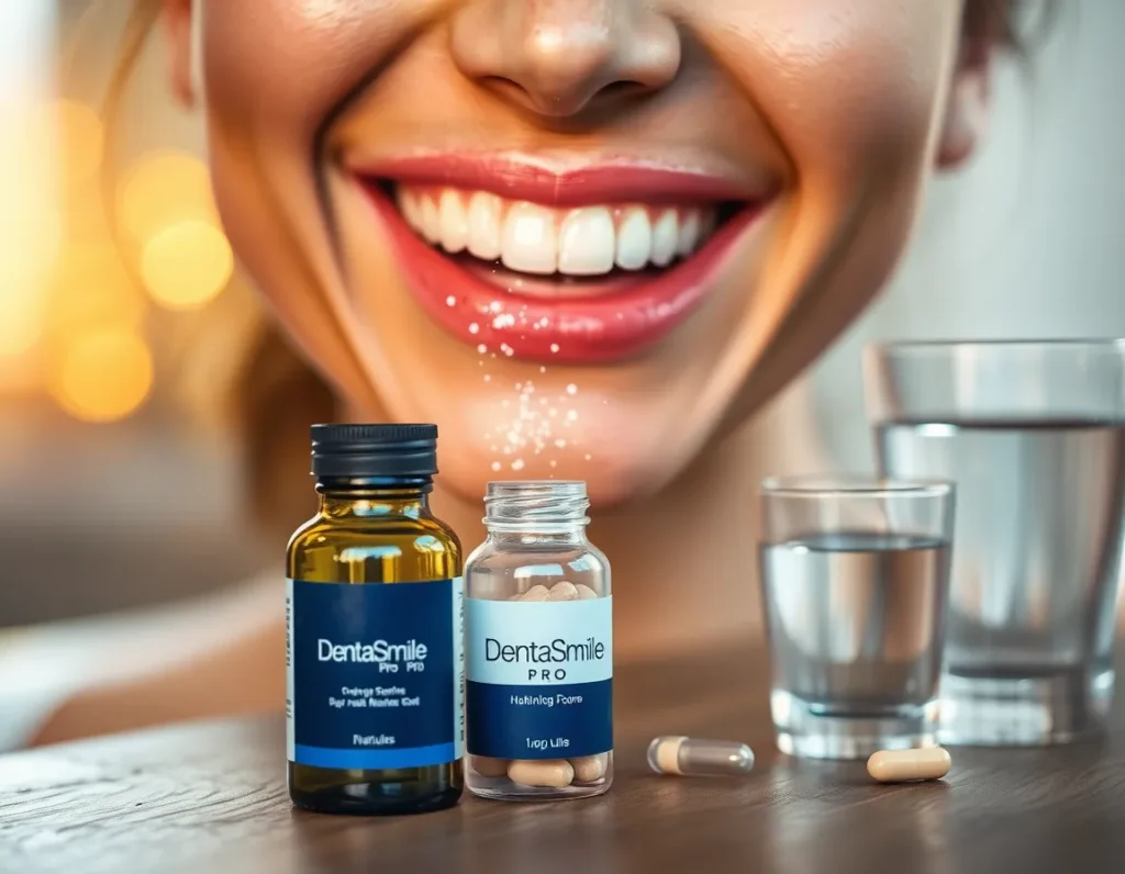 A close-up, soft-focus shot of a healthy human smile with glistening teeth and pink, firm gums, illuminated by warm morning light. Behind the smile, faint translucent glowing particles (like nutrient dots) rise from a small glass bottle labeled DentaSmile Pro resting on a wooden counter beside a glass of water and two capsules. Style: Natural lifestyle photography with soft bokeh and earthy tones.