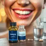 A close-up, soft-focus shot of a healthy human smile with glistening teeth and pink, firm gums, illuminated by warm morning light. Behind the smile, faint translucent glowing particles (like nutrient dots) rise from a small glass bottle labeled DentaSmile Pro resting on a wooden counter beside a glass of water and two capsules. Style: Natural lifestyle photography with soft bokeh and earthy tones.