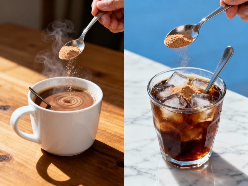 Show a step by step scene of pouring the powder into hot or iced coffee.