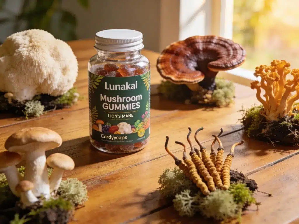 A high-quality, professional product photography shot of a bottle of Lunakai Mushroom Gummies sitting on a wooden table. The bottle is surrounded by fresh, magical-looking Lion's Mane, Reishi, and Cordyceps mushrooms growing naturally around it. Soft, warm morning sunlight streaming in from the side. Vibrant colors, depth of field, 4k resolution, photorealistic style, wellness aesthetic.