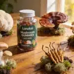 A high-quality, professional product photography shot of a bottle of Lunakai Mushroom Gummies sitting on a wooden table. The bottle is surrounded by fresh, magical-looking Lion's Mane, Reishi, and Cordyceps mushrooms growing naturally around it. Soft, warm morning sunlight streaming in from the side. Vibrant colors, depth of field, 4k resolution, photorealistic style, wellness aesthetic.