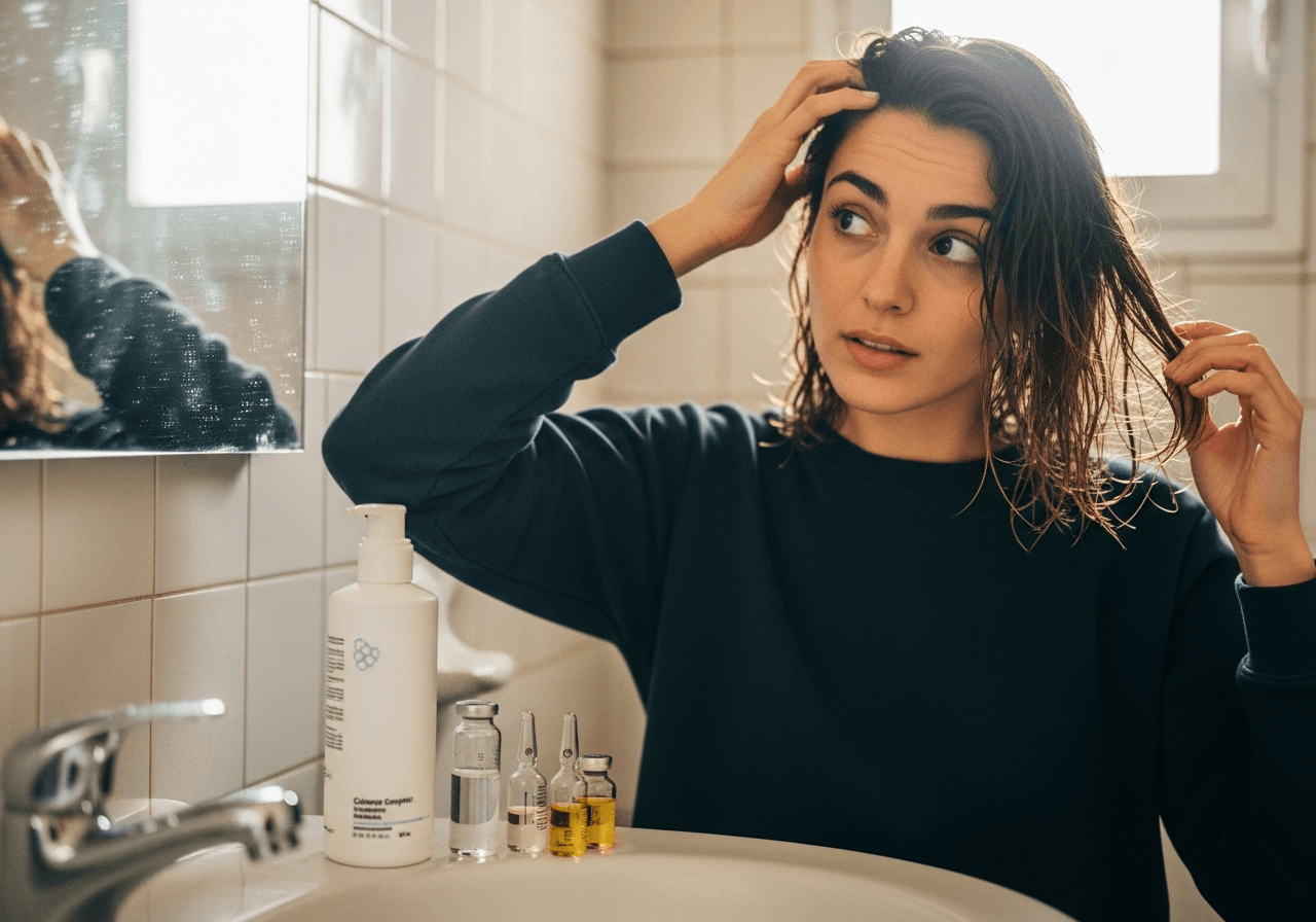 Ultra-realistic editorial photo, mid-shot of a young woman with Mediterranean features in a bright but modest Maltese bathroom, caught mid-motion running her fingers through damp, shoulder-length hair that looks half-frizzy on one side and noticeably smoother on the other, droplets of water clinging to the strands. On the sink in the foreground, slightly out of focus, stands a sleek, unbranded white shampoo bottle with a subtle scientific, clinical design, next to a small cluster of lab-style glass vials containing clear and pale golden liquids, hinting at peptides and active ingredients. The woman’s expression is thoughtful and a little skeptical, as if weighing whether this “science-backed” product really works, while warm Mediterranean daylight spills in from a small window, creating soft highlights on her hair and gentle lens flare at the frame’s edge. The background shows blurred bathroom tiles and a fogged mirror, with faint reflections adding depth. Framing is candid and documentary-style, not posed, as if a moment was captured just as she paused during her routine. Slight motion blur on her moving hand, visible grain equivalent to ISO 800–1600, and subtle imperfections like uneven lighting and minor reflections on the glass create a natural, filmic look. Shallow depth of field keeps focus on her face and hair texture, with the background softly out of focus. No large text elements. COSRX Peptide-132