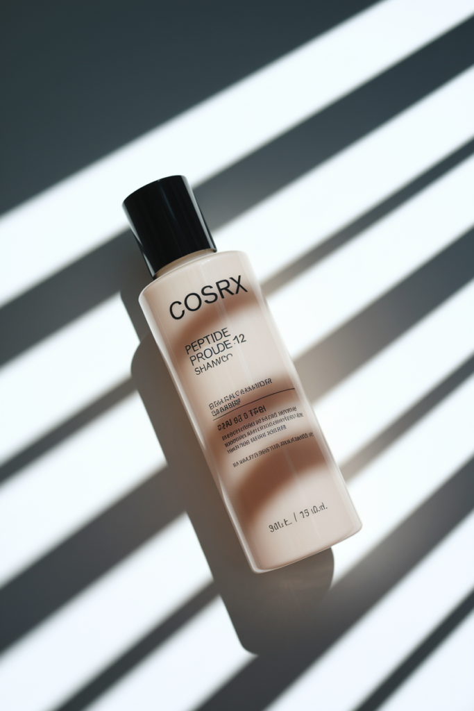 A sleek minimalist bottle of COSRX Peptide-132 Shampoo on a clean white background with soft shadows, professional product photography, K-beauty aesthetic, Korean skincare style, ample lighting, 8k quality