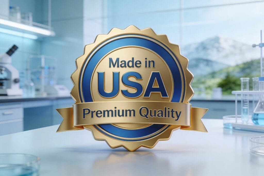 A sleek, 3D gold and blue seal badge design. The text "Made in USA" and "Premium Quality" embossed on it. Behind the badge, a blurred background of a clean, high-tech laboratory or pristine nature scene. Professional, trustworthy, corporate vector art style.