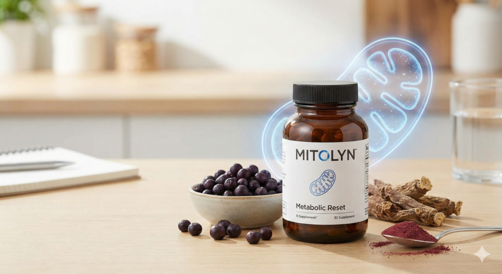 Mitolyn weight loss supplement bottle with natural ingredients and mitochondrial support graphic.