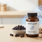 Mitolyn weight loss supplement bottle with natural ingredients and mitochondrial support graphic.